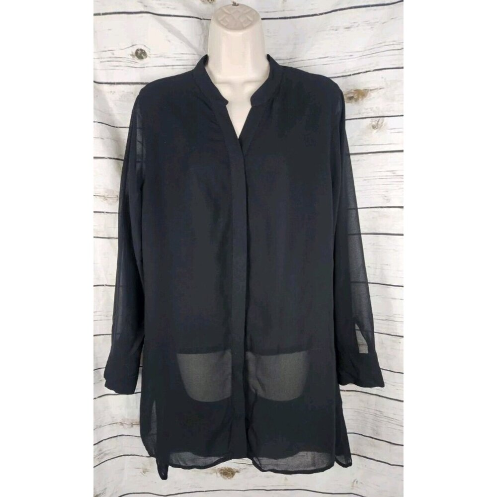Soft Surroundings Black Sheer Tunic Top PL Button Up Long Witchy Goth Artsy